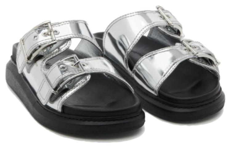 (WMNS) Alexander McQueen Gabine Buckled Leather Slides 'Silver Black' 783254W4WG18100 #
