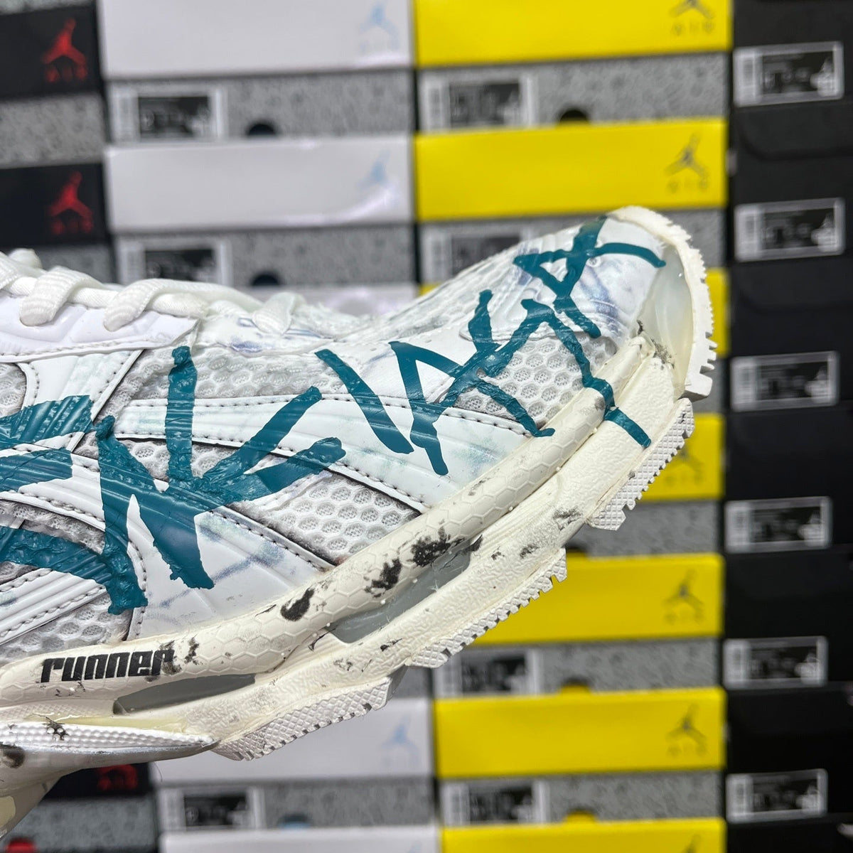 Balenciaga Runner 7.5 White Blue Dirty Graffiti