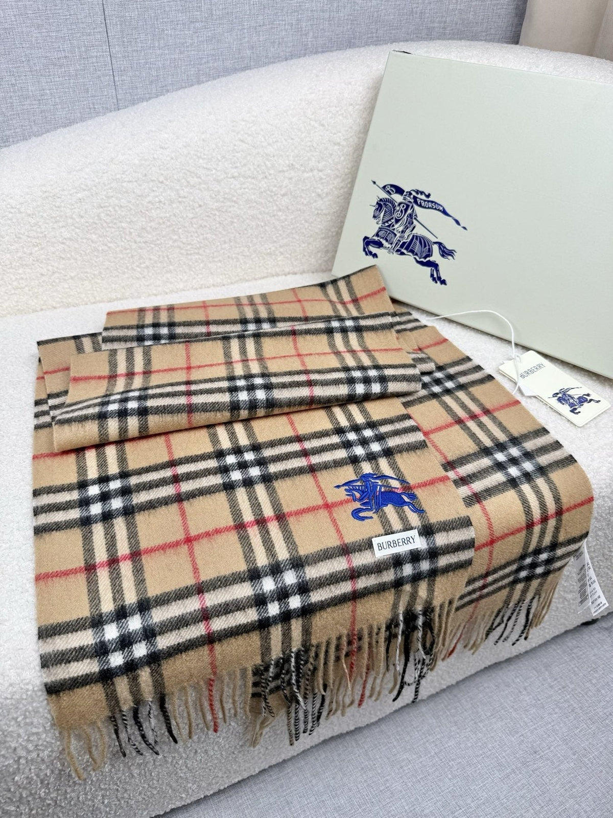 Burberry Beige Plaid Cashmere-Wool Scarf