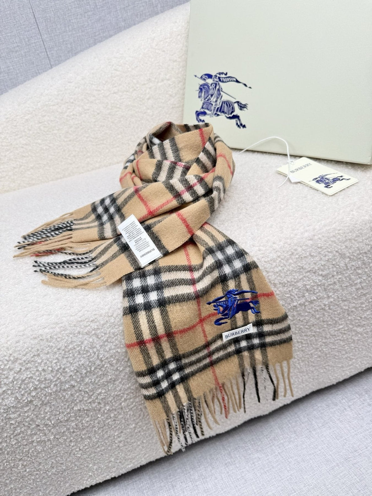 Burberry Beige Plaid Cashmere-Wool Scarf