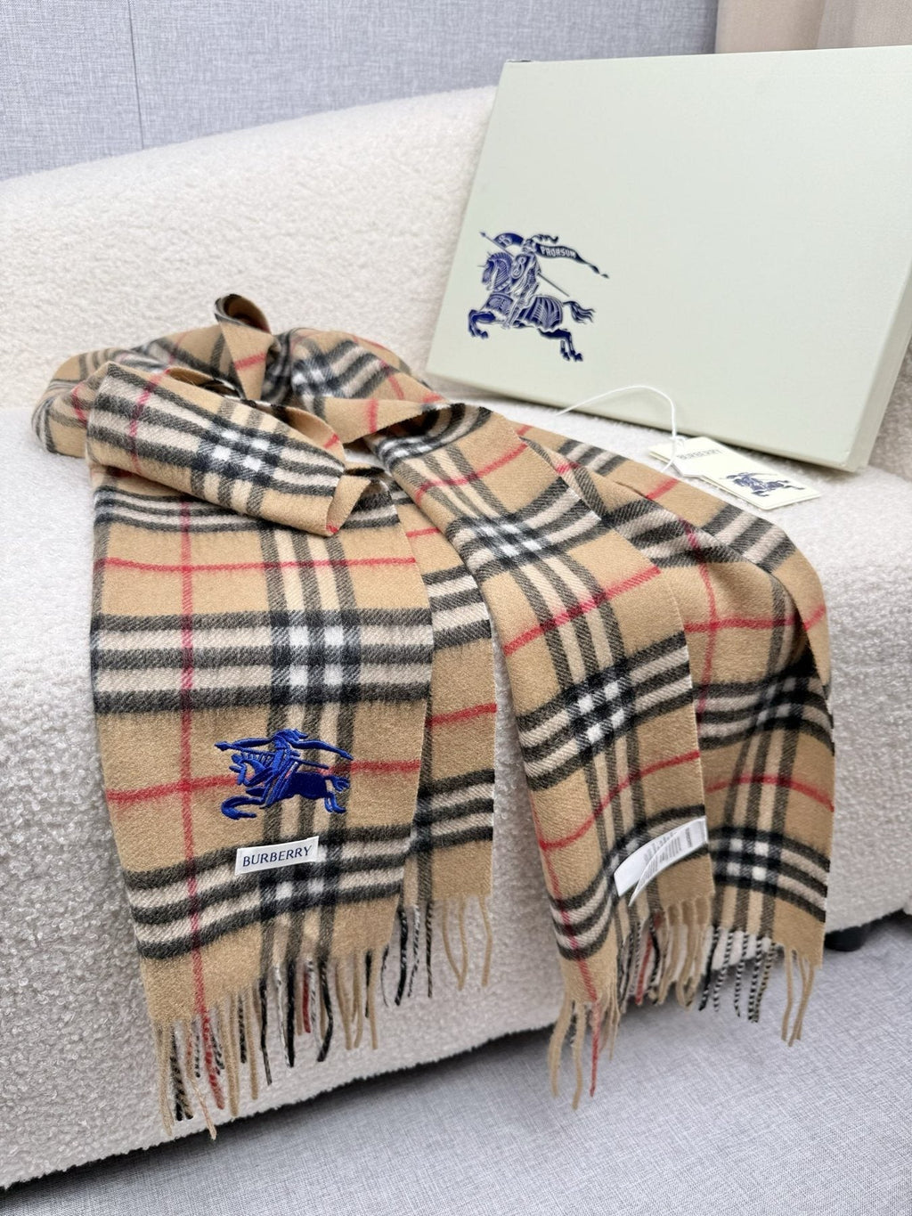 Burberry Beige Plaid Cashmere-Wool Scarf