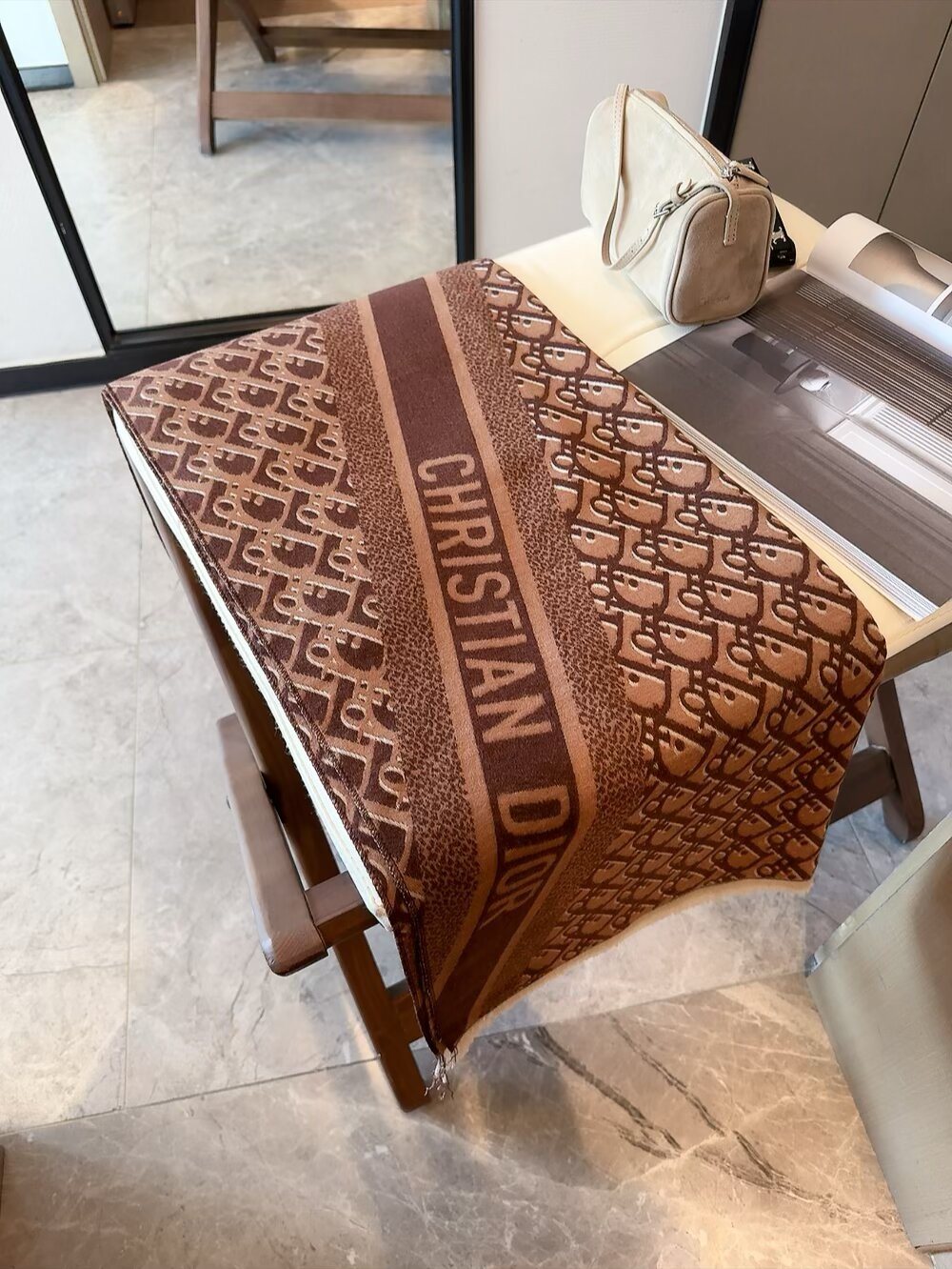 Dior Silk-Wool-Cotton Monogram Fringe Scarf