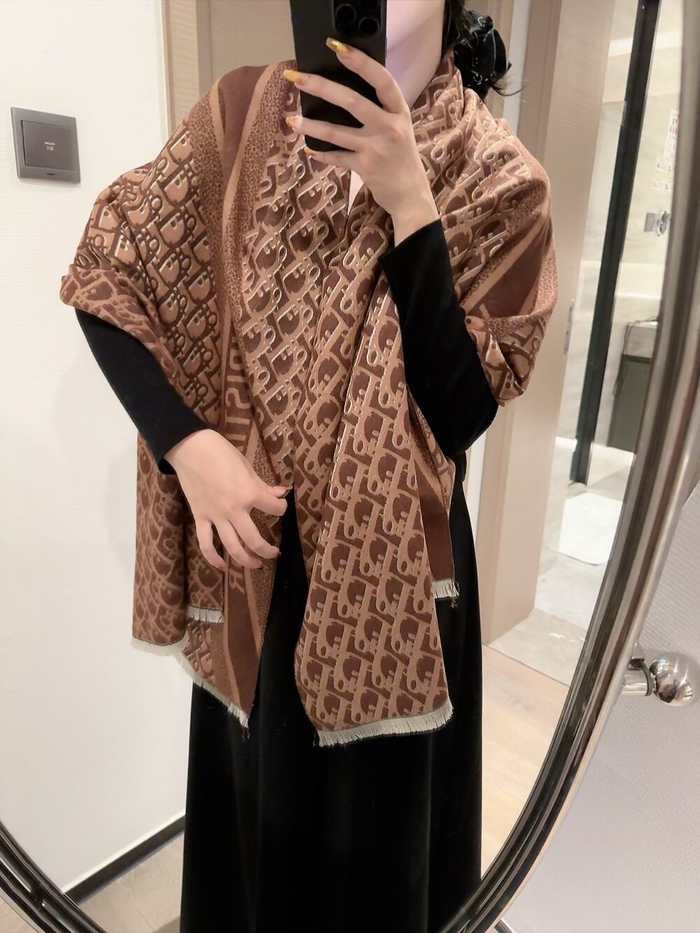 Dior Silk-Wool-Cotton Monogram Fringe Scarf