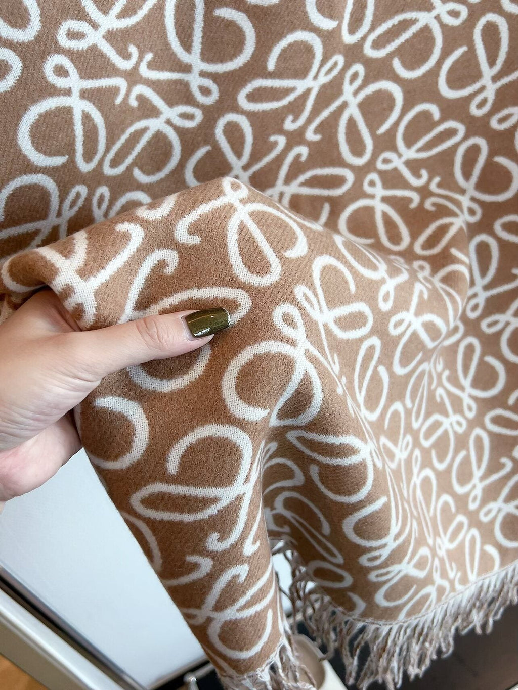 Loewe Khaki Brown Jacquard Fringed Scarf