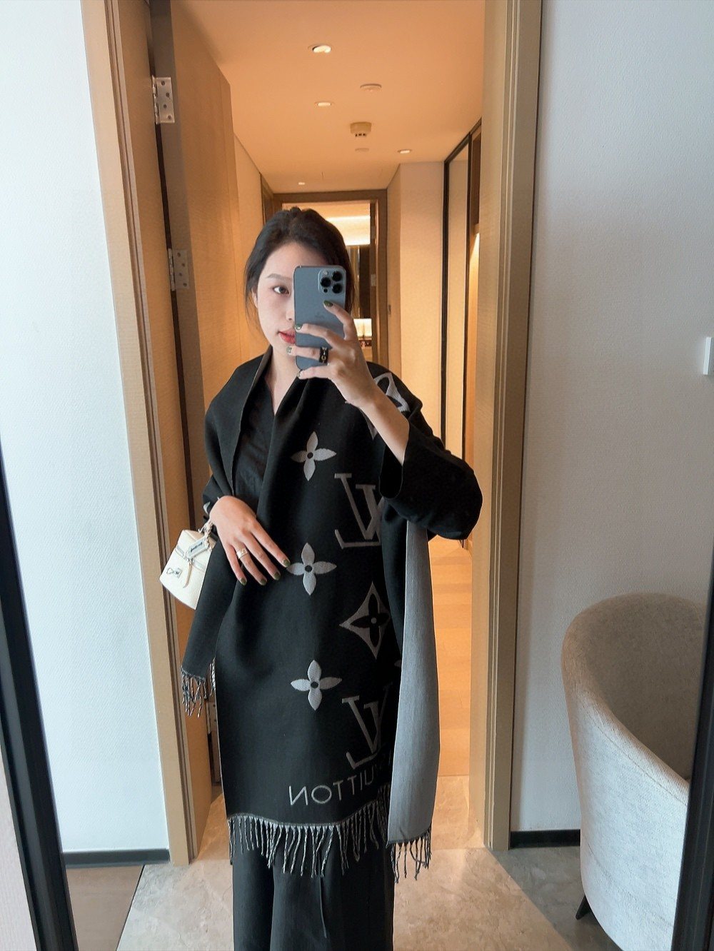 Louis Vuitton Black & Gray Floral Fringe Scarf Shawl