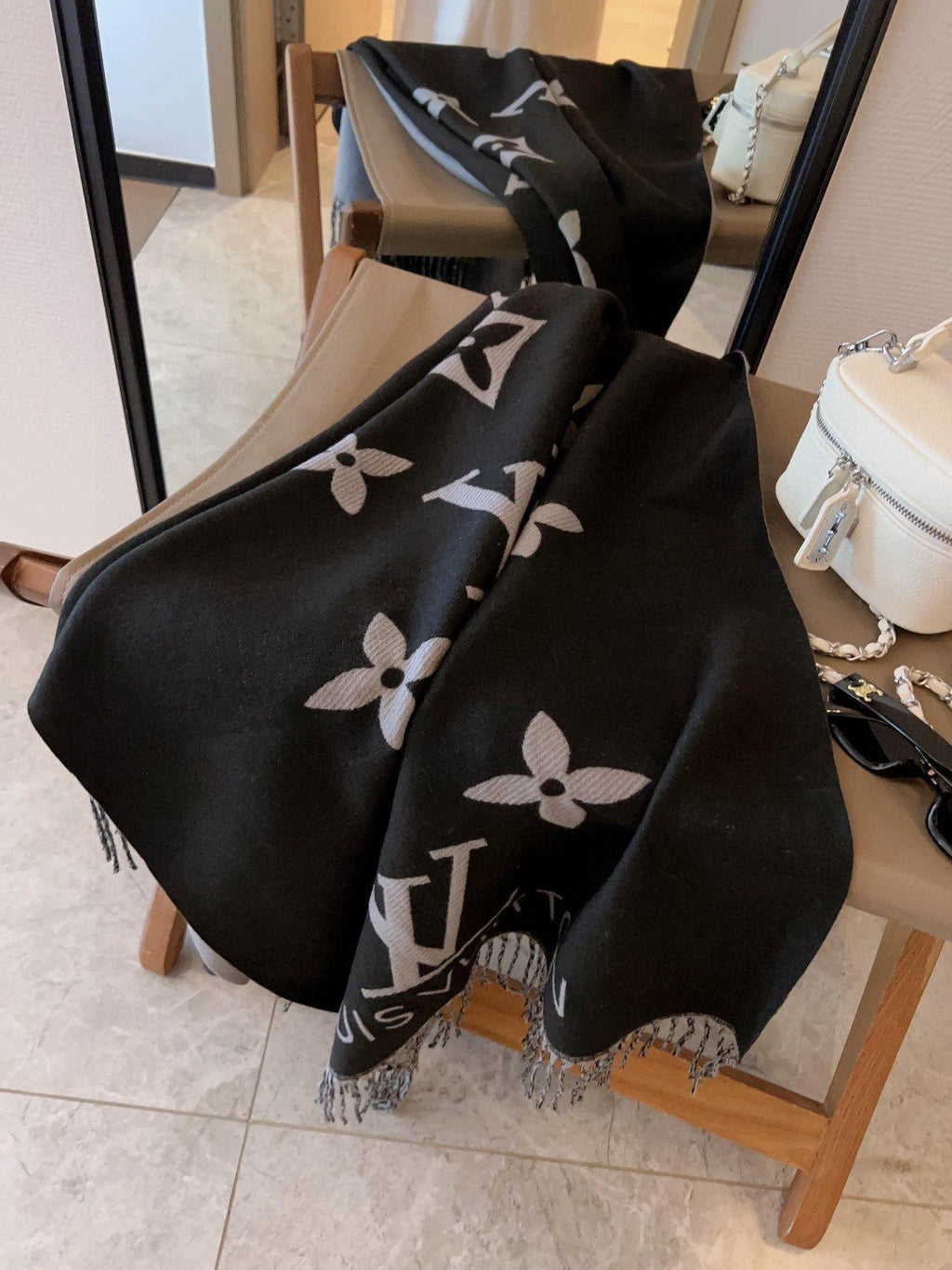 Louis Vuitton Black & Gray Floral Fringe Scarf Shawl