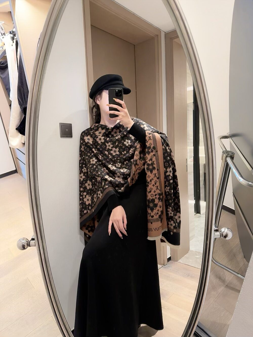 Louis Vuitton Black Floral and Monogram Fringe Scarf