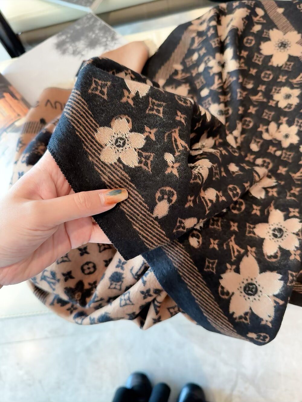 Louis Vuitton Black Floral and Monogram Fringe Scarf