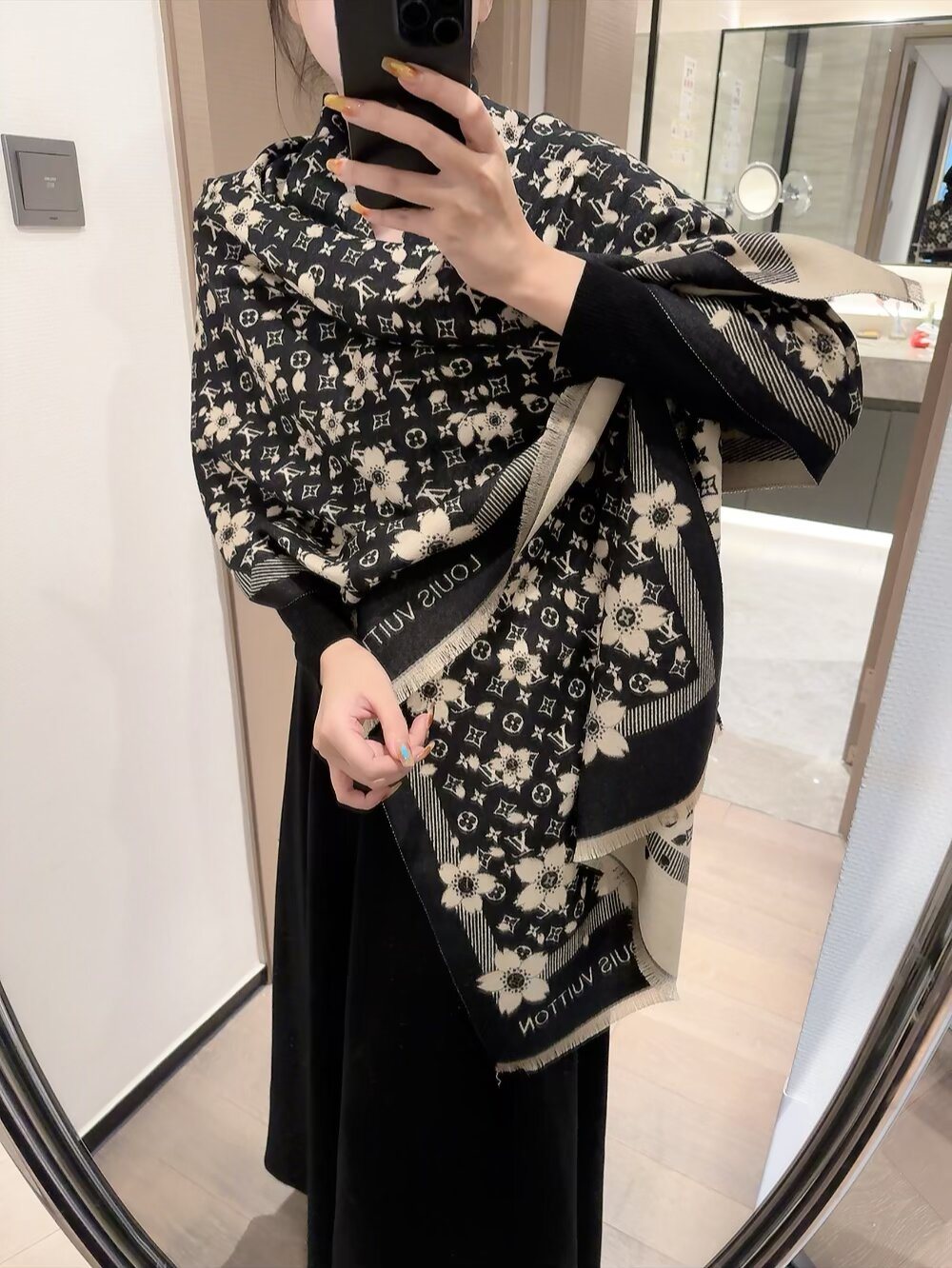 Louis Vuitton Black Floral and Monogram Fringe Scarf