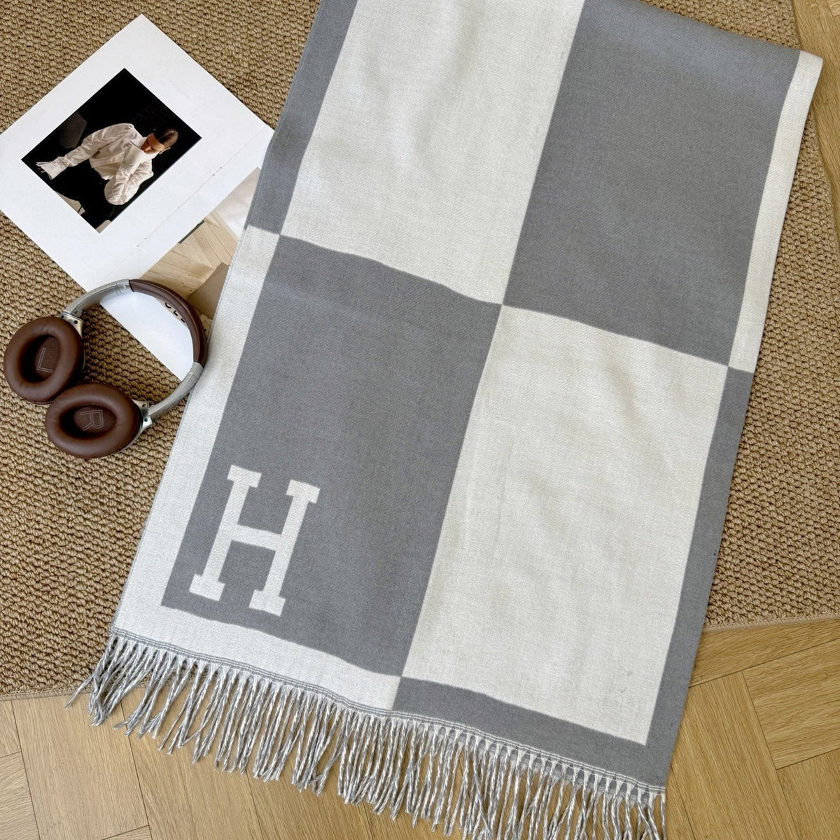 Hermès Fringed Color-Block Letter-Motif Scarf