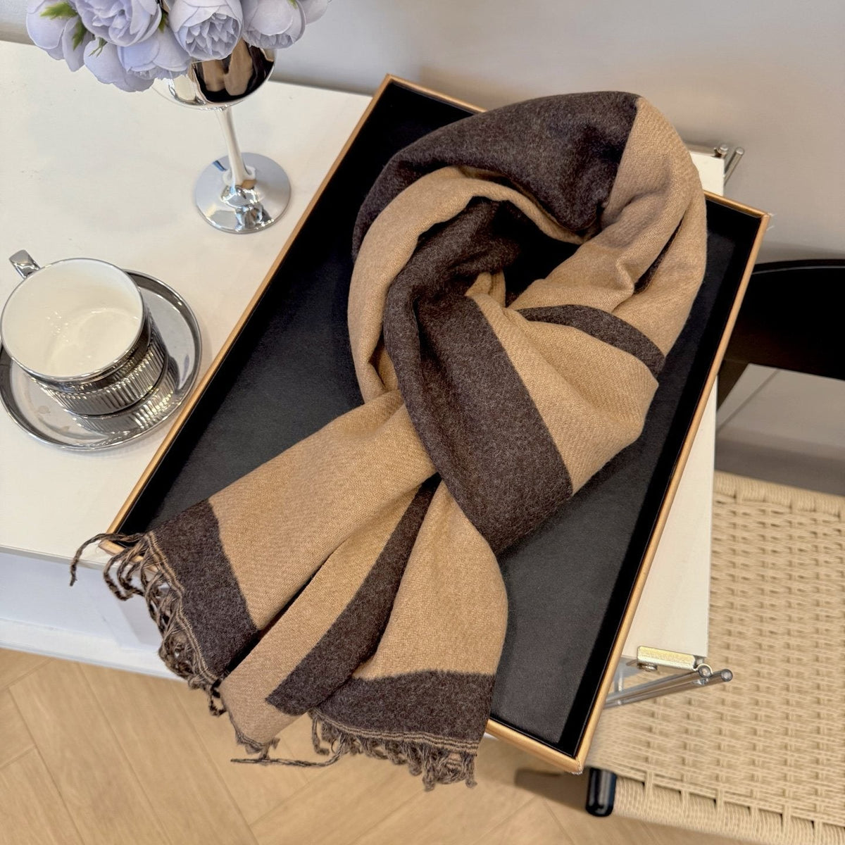 Hermès Fringed Color-Block Letter-Motif Scarf
