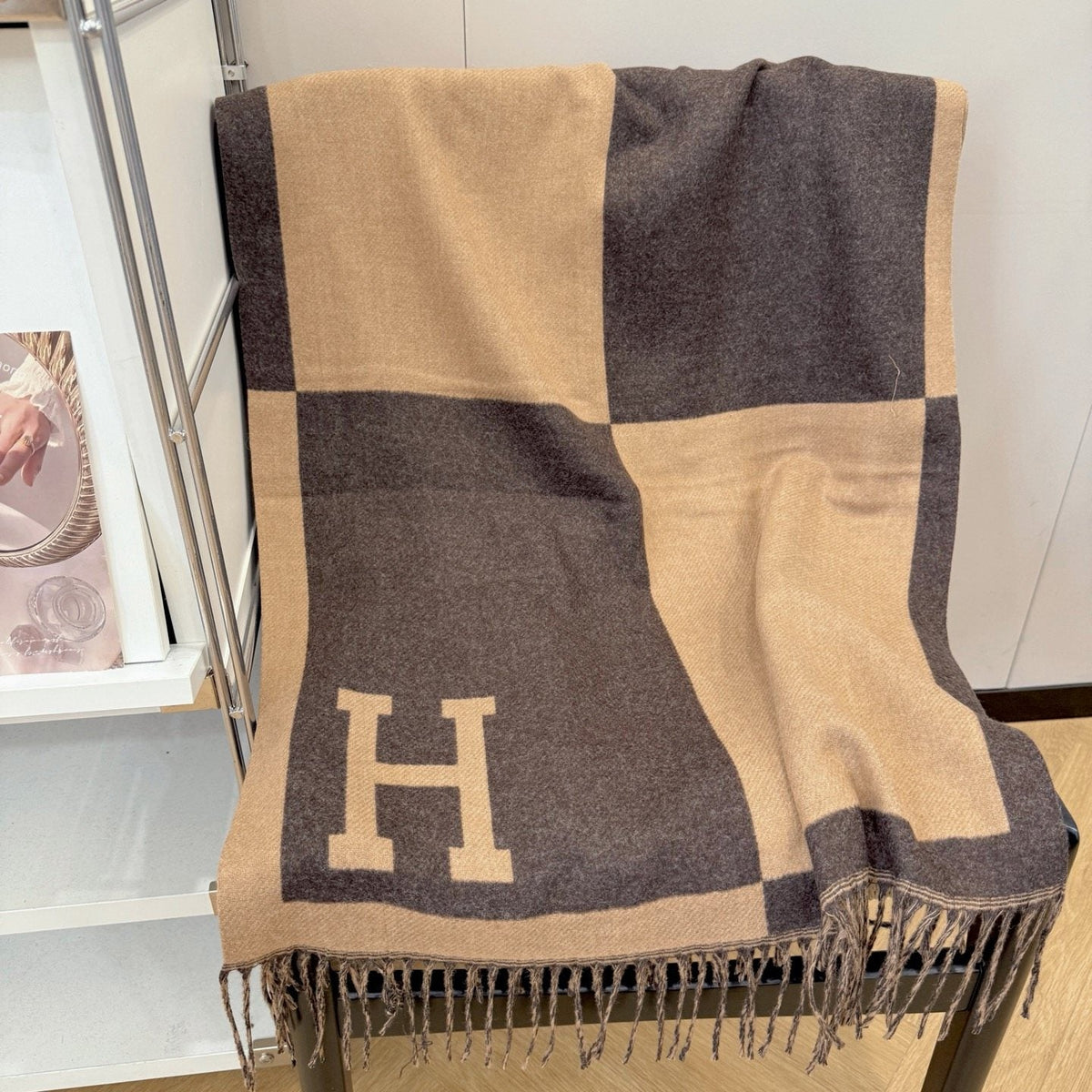 Hermès Fringed Color-Block Letter-Motif Scarf