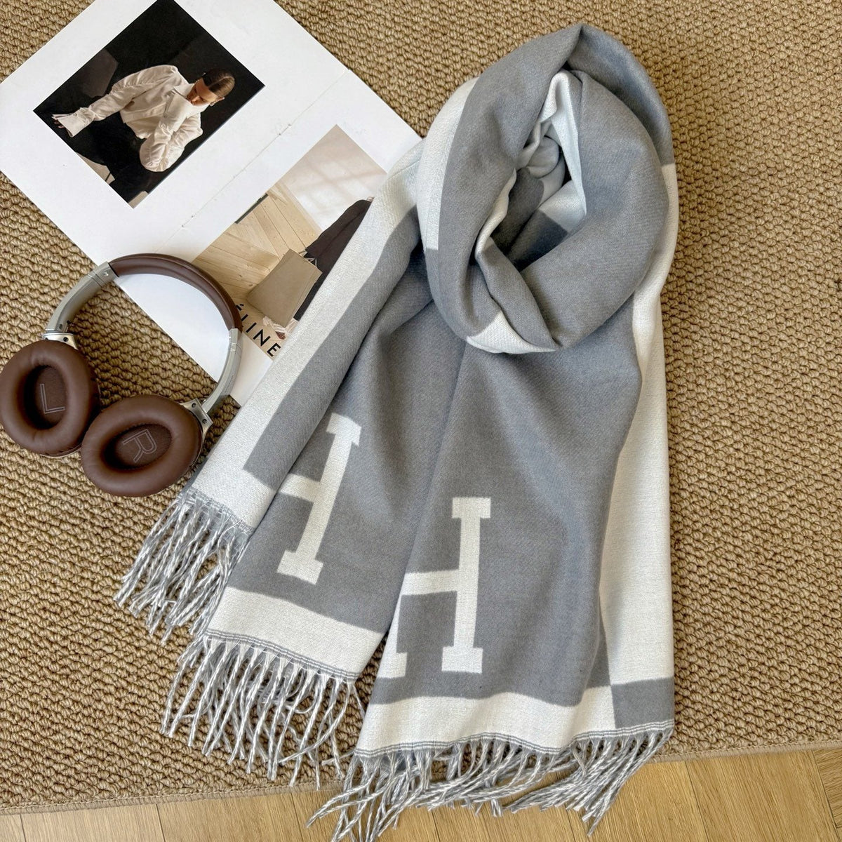 Hermès Fringed Color-Block Letter-Motif Scarf