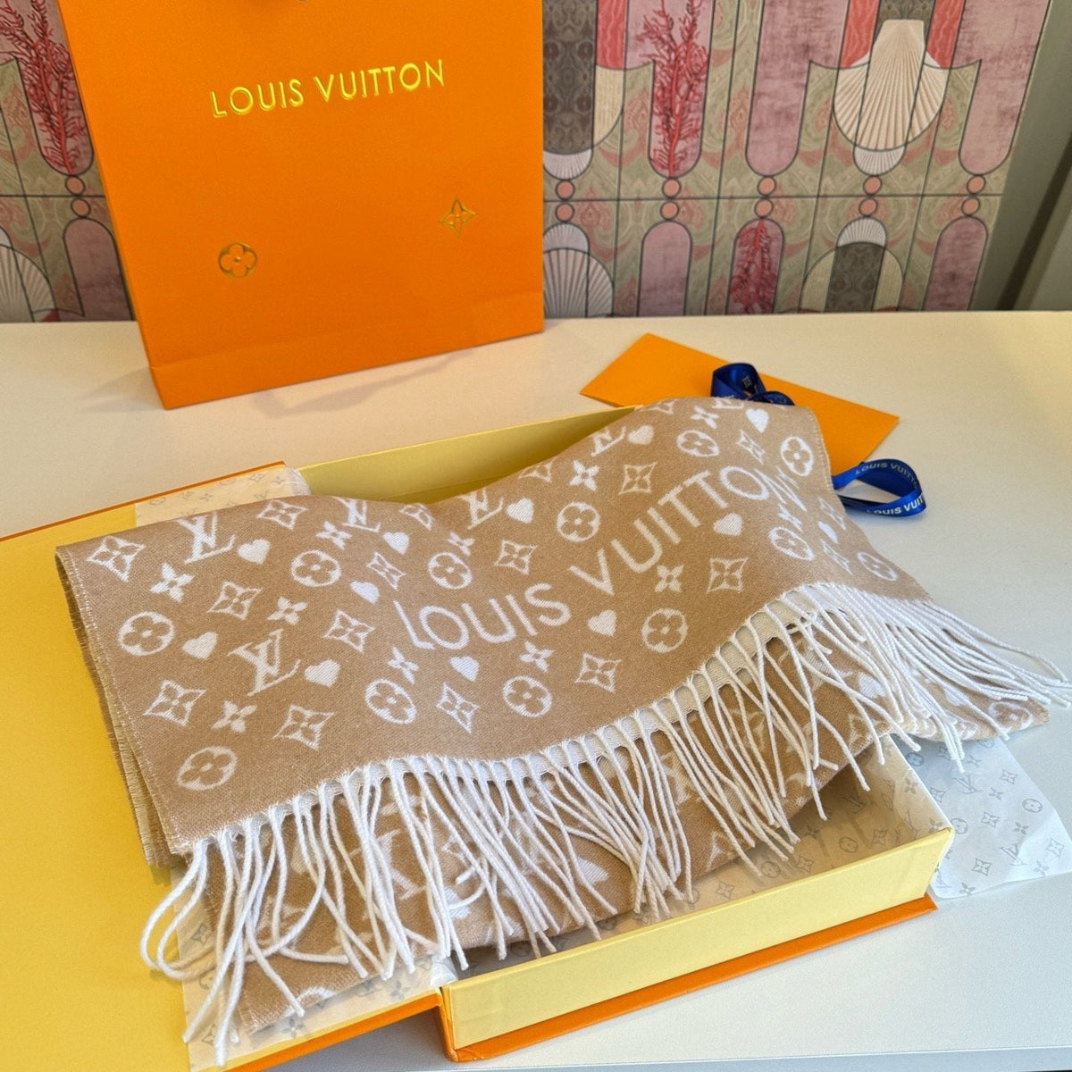 Louis Vuitton Taupe Monogram Fringe Scarf