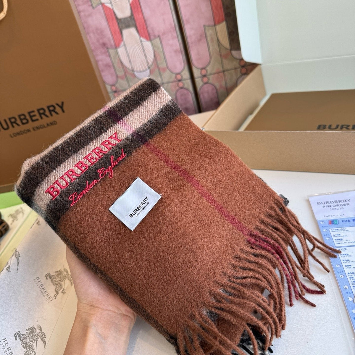 Burberry Brown Plaid Scarf with Embroidered Logo