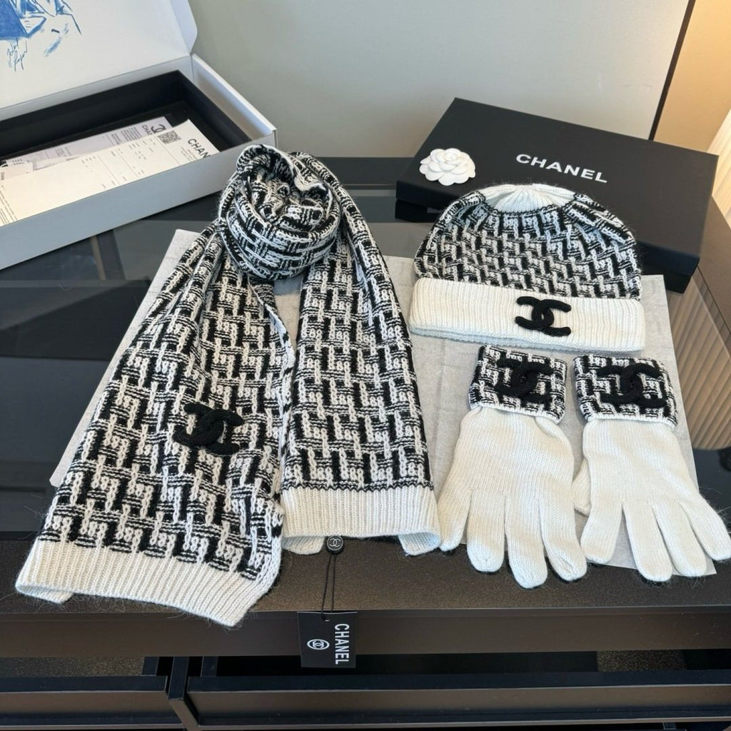 Chanel Black and Ivory Scarf, Beanie and Gloves Set
