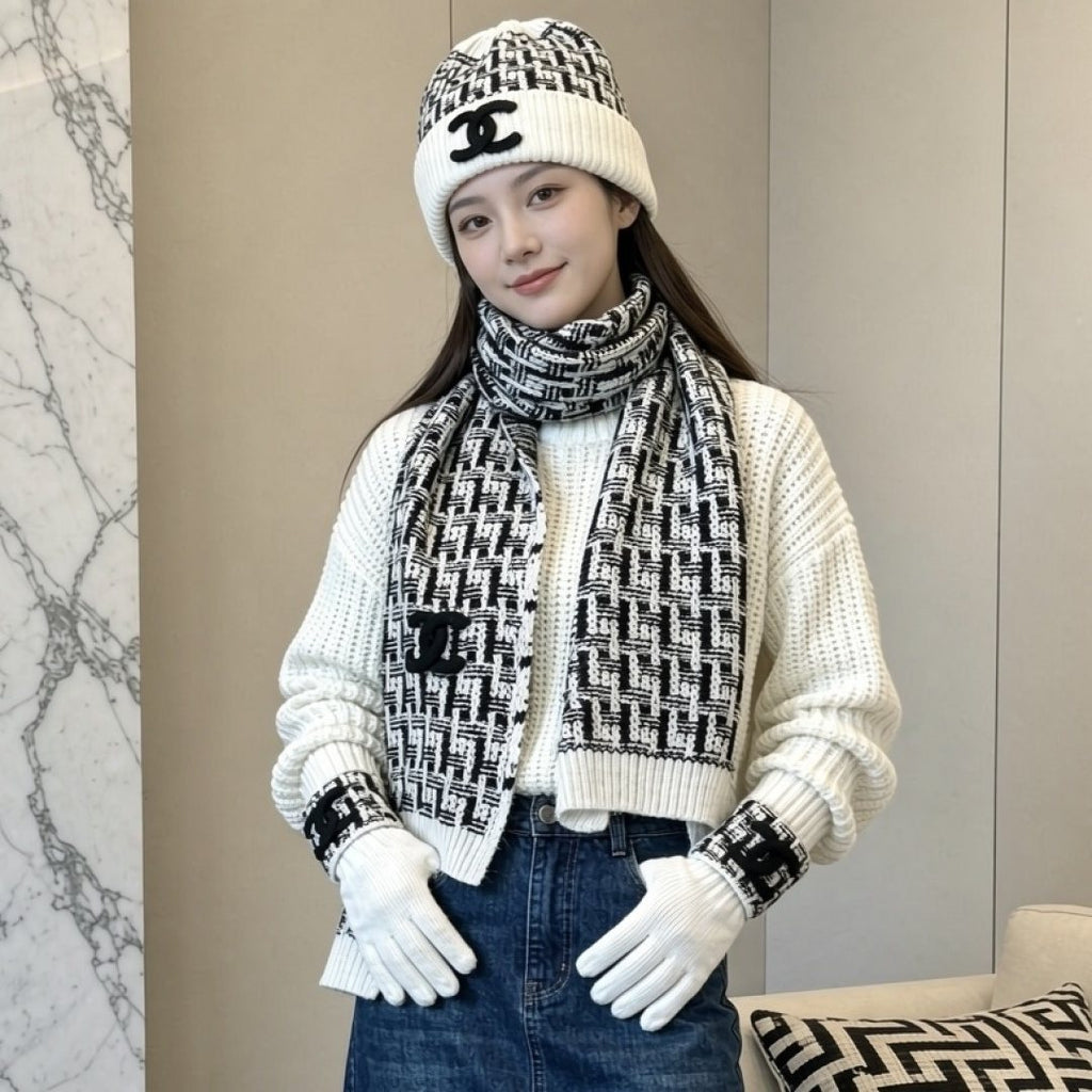 Chanel Black and Ivory Scarf, Beanie and Gloves Set