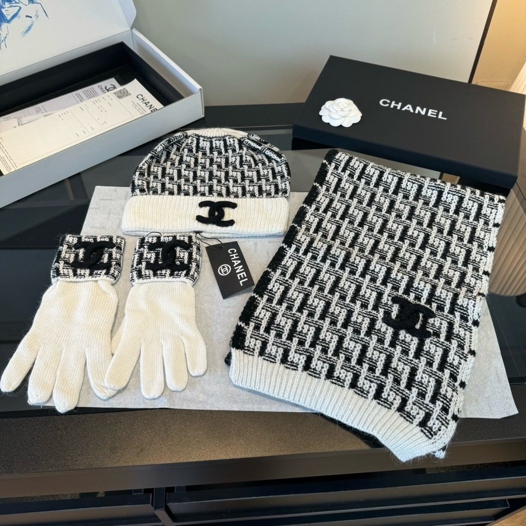 Chanel Black and Ivory Scarf, Beanie and Gloves Set