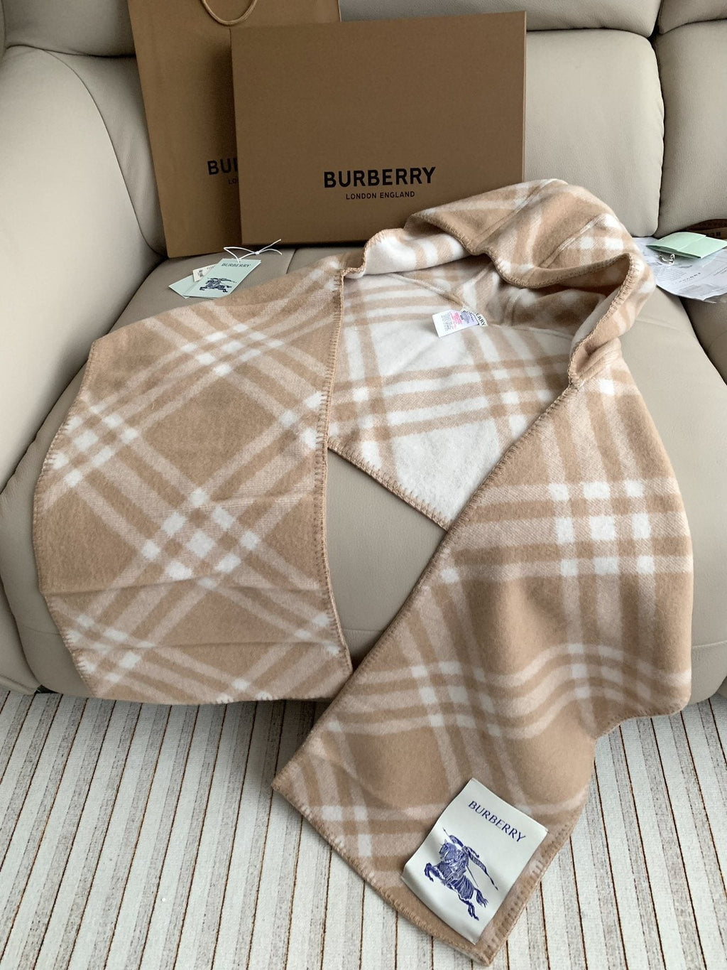 Burberry Beige Plaid Lambswool Fringed Scarf