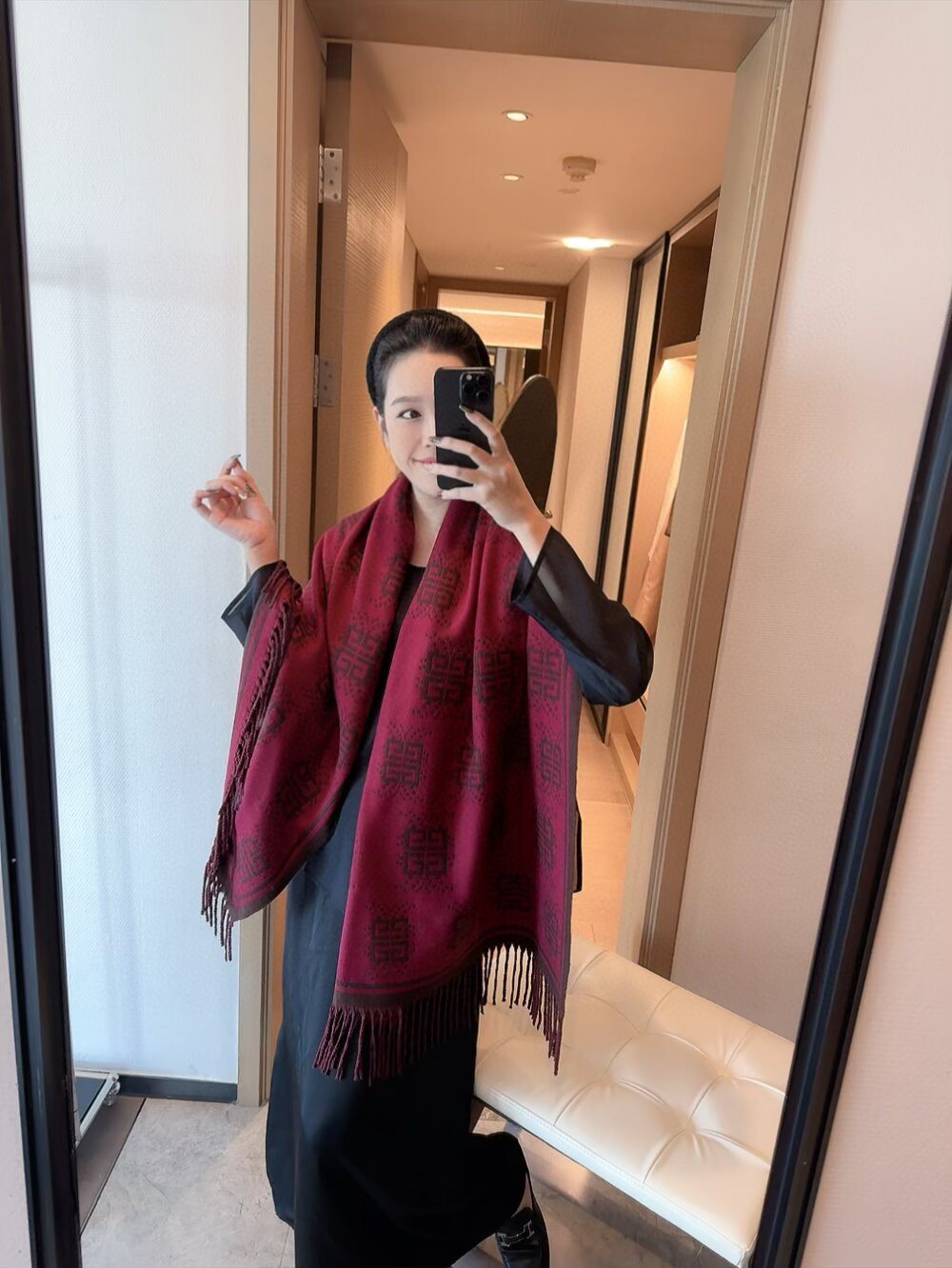 Givenchy Burgundy Geometric Fringed Scarf