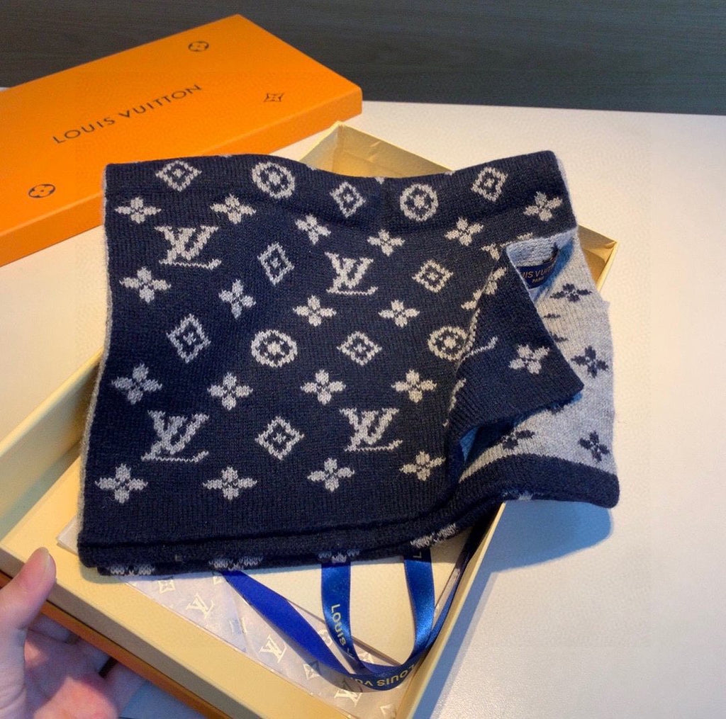 Louis Vuitton Navy and Gray Reversible Cashmere Scarf
