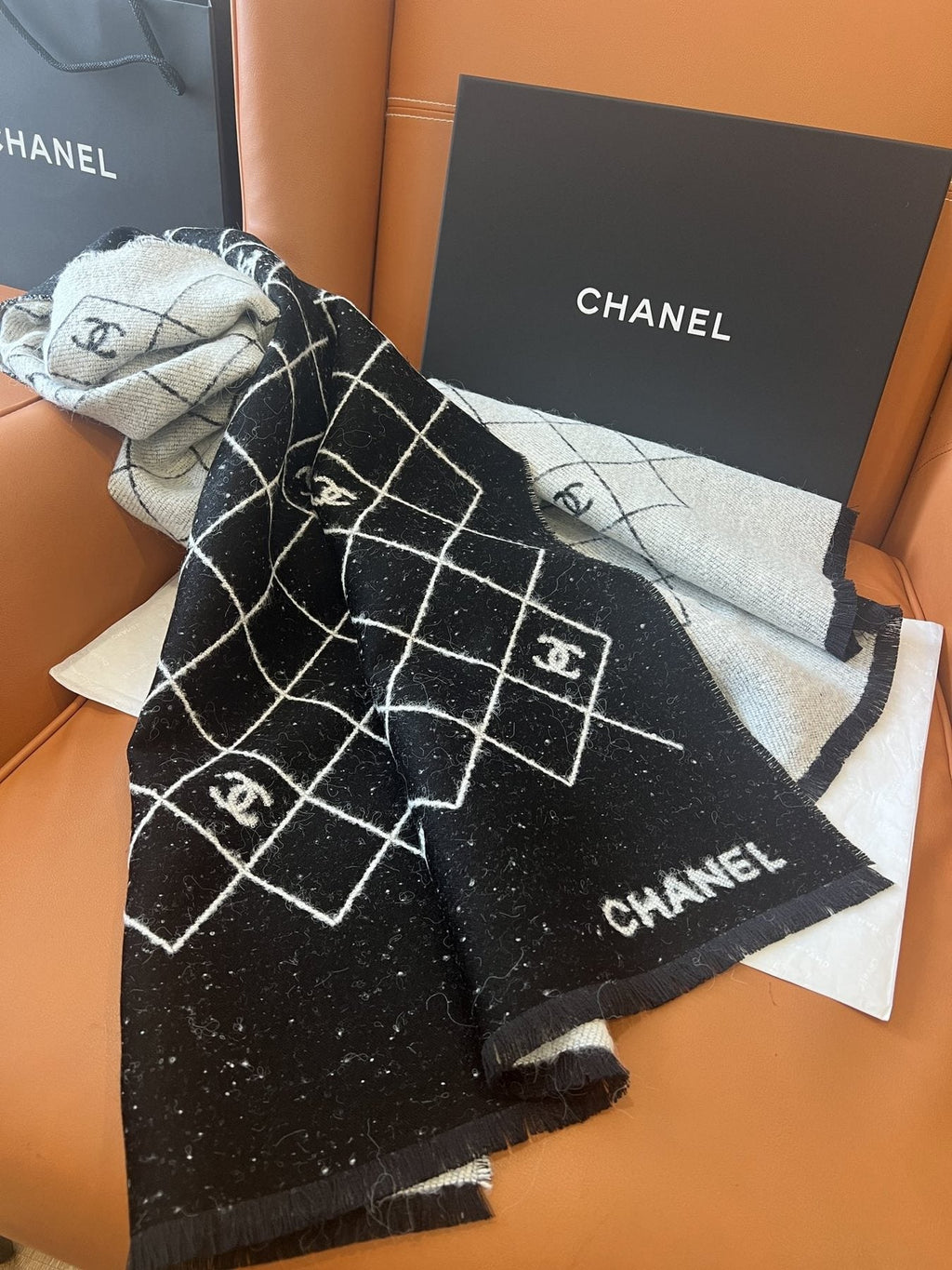 Chanel Black and Ivory Grid Shawl Scarf