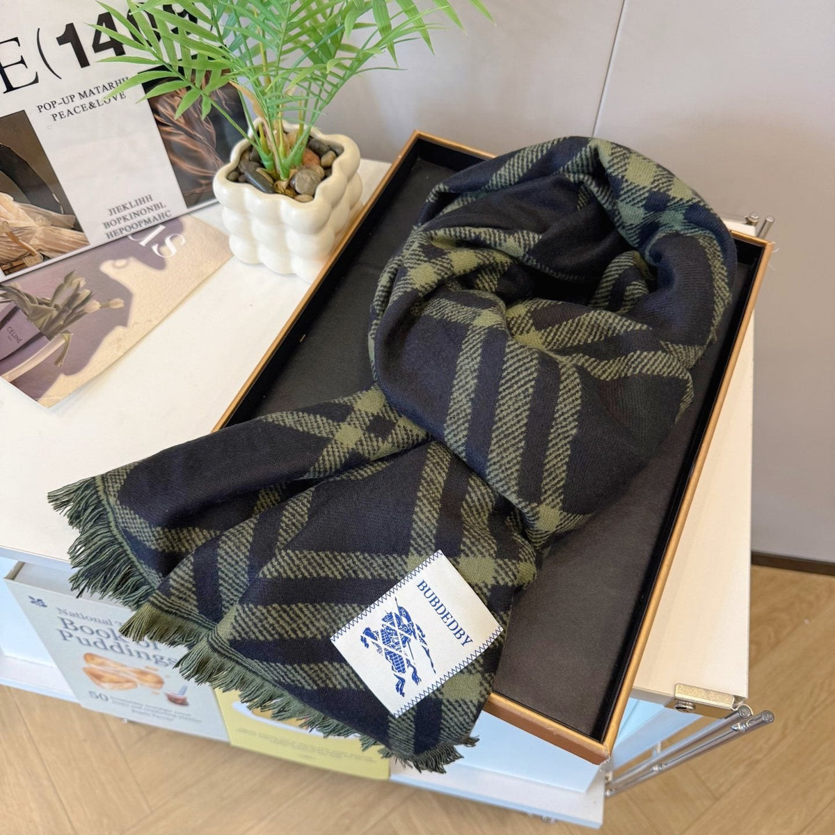 Burberry Black and Olive Plaid Scarf - 200 x 65 cm