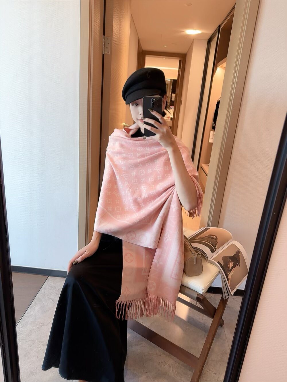 Louis Vuitton Monogram Wool Scarf with Logo Border
