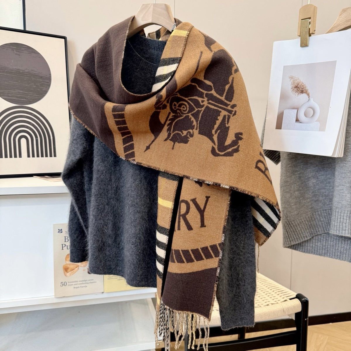 Burberry Brown Plaid Equestrian Graphic Scarf