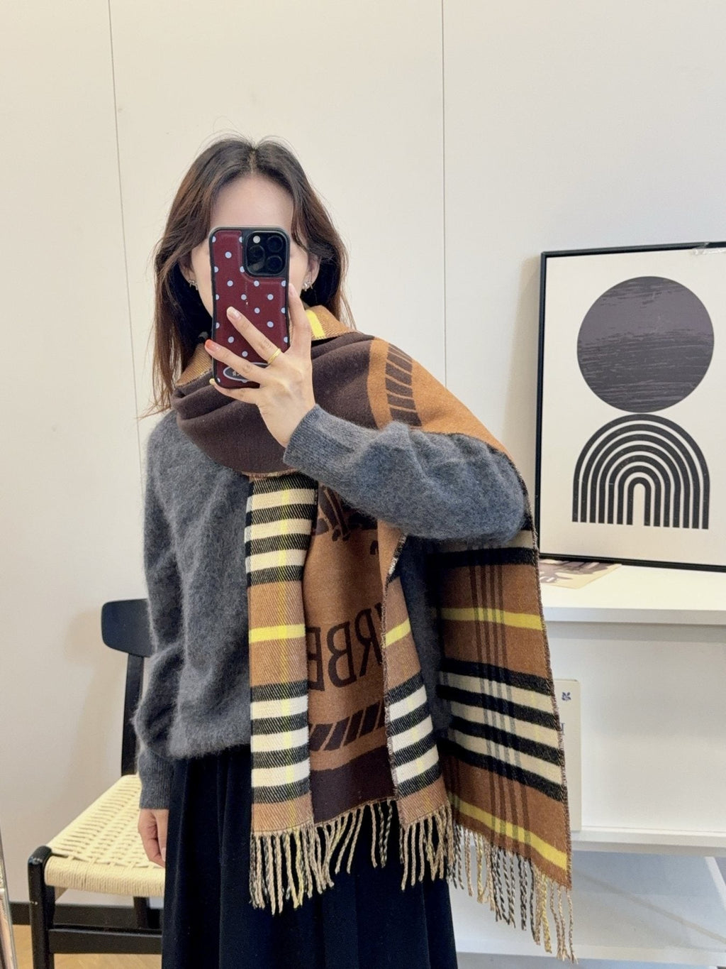 Burberry Brown Plaid Equestrian Graphic Scarf