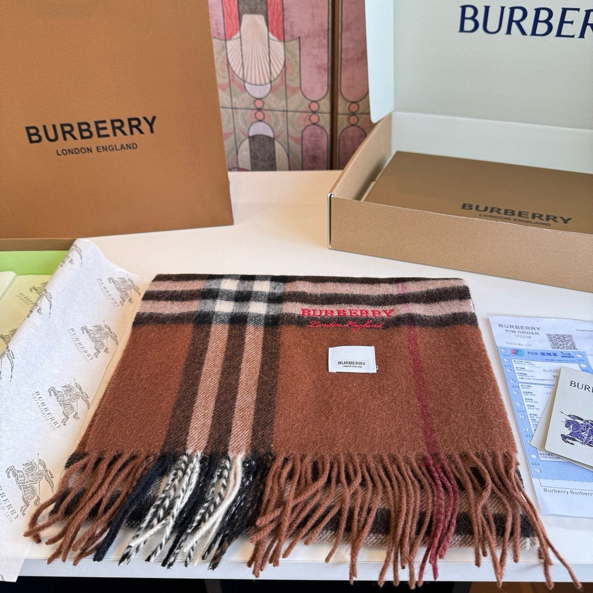 Burberry Embroidered Wordmark Plaid Scarf - 30 x 180 cm