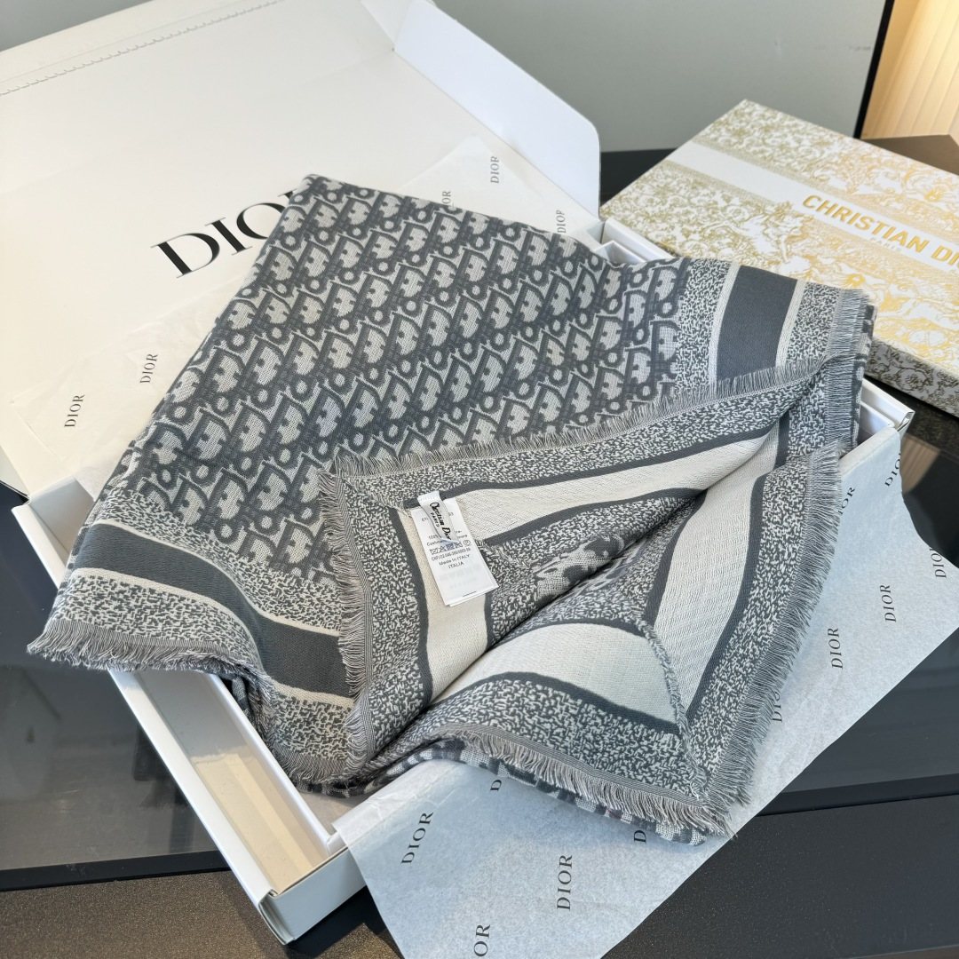 Dior Striped-Border Fringed Square Shawl