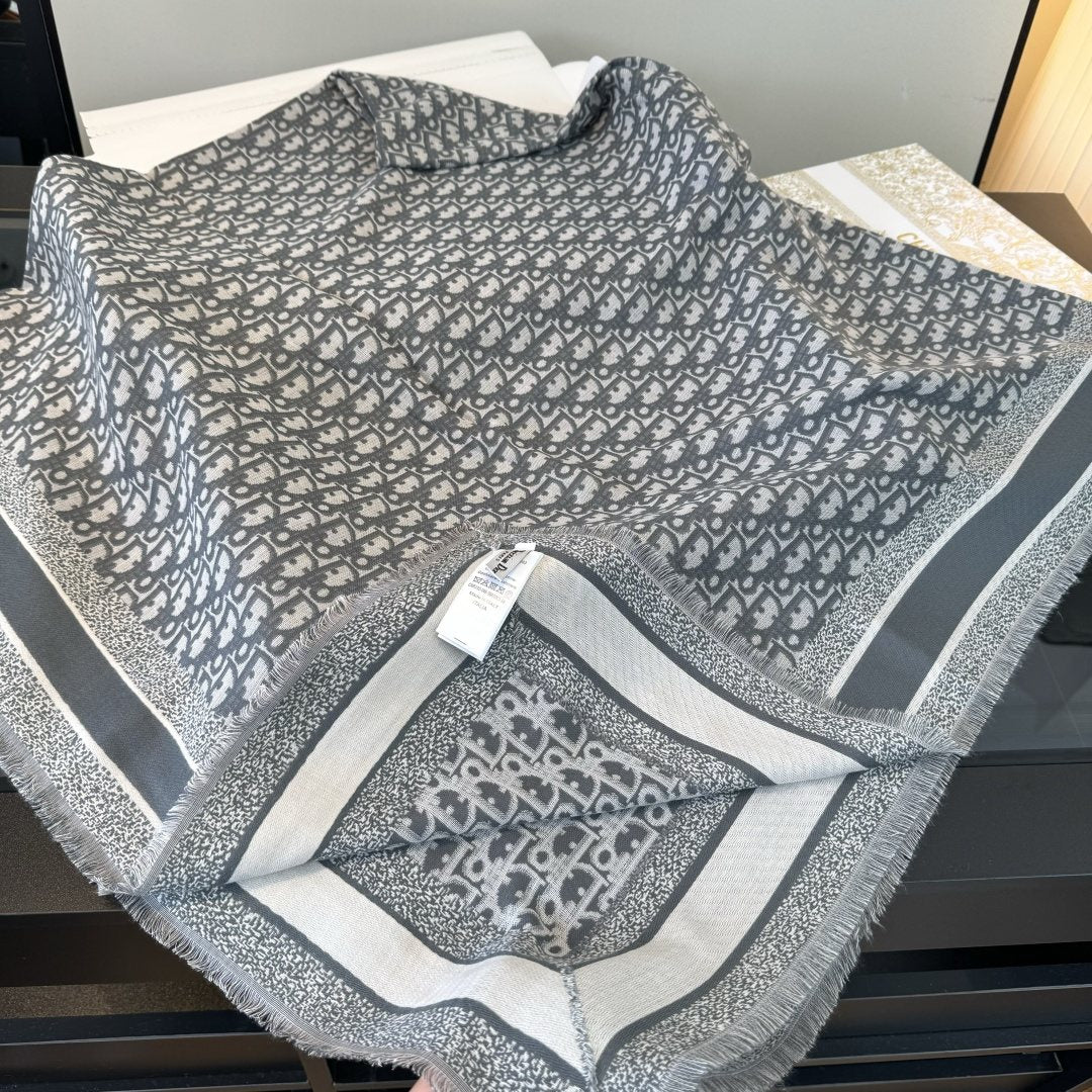 Dior Striped-Border Fringed Square Shawl
