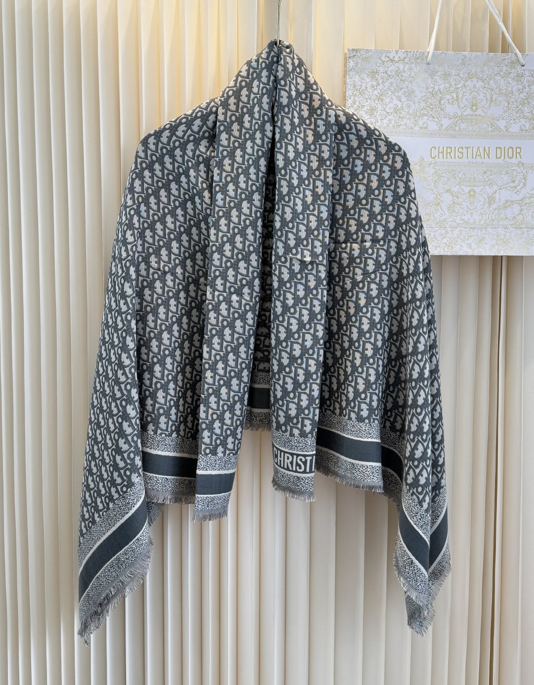 Dior Striped-Border Fringed Square Shawl
