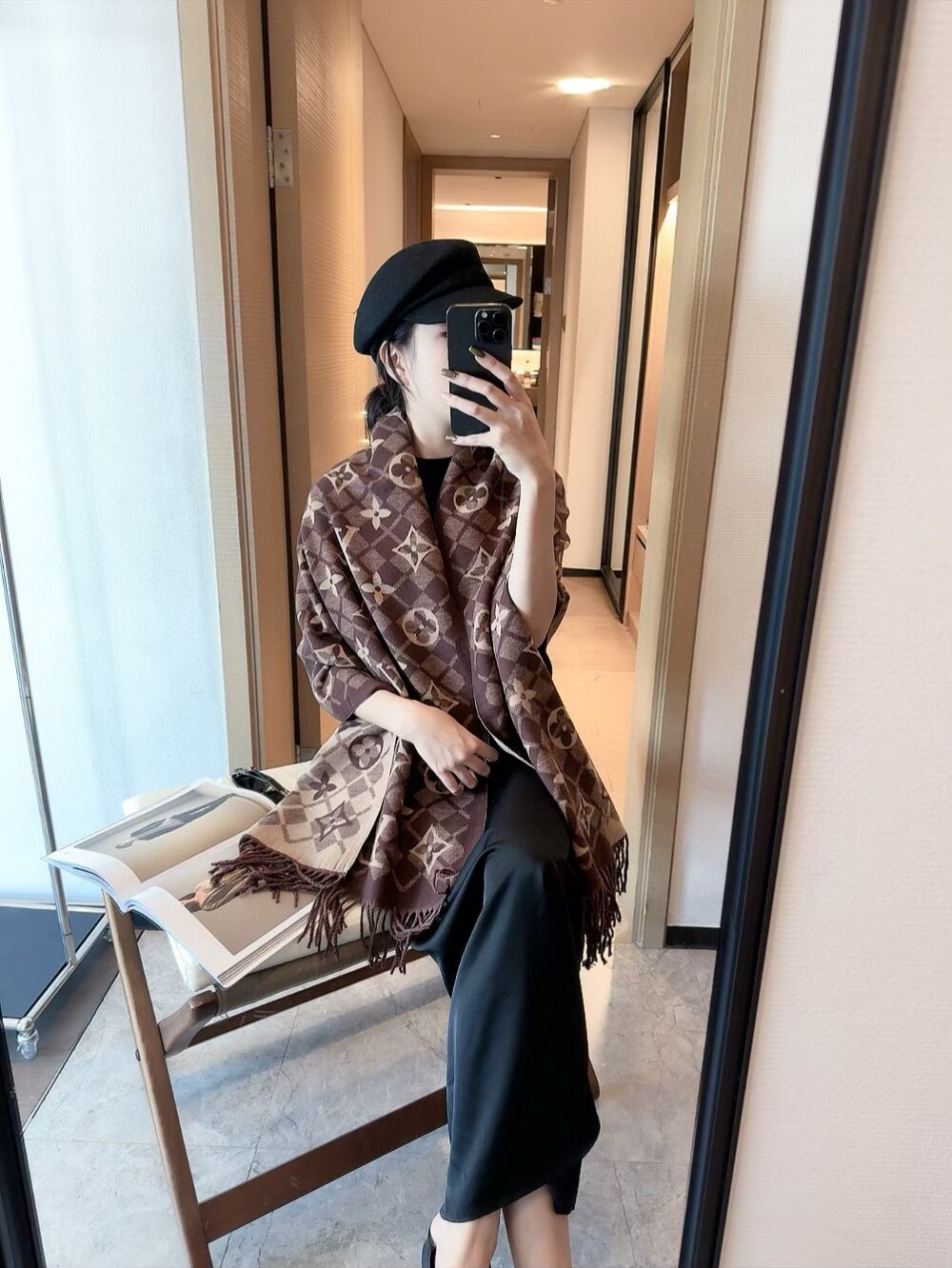 Louis Vuitton Dark Brown Fringed Patterned Scarf