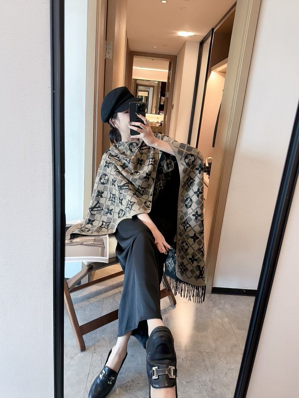 Louis Vuitton Dark Brown Fringed Patterned Scarf