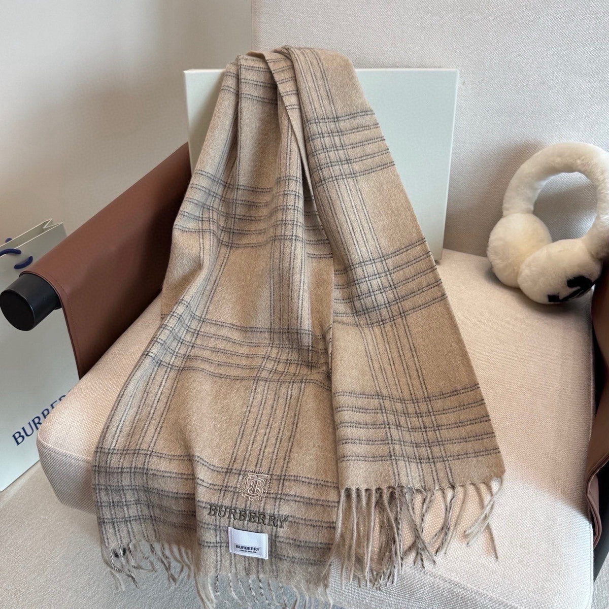 Burberry Woven-Logo Plaid Fringed Scarf