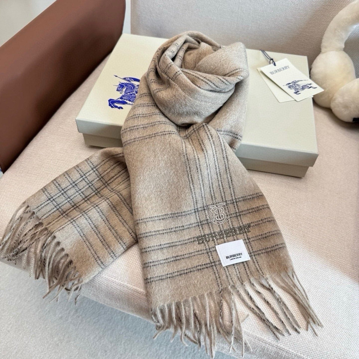 Burberry Woven-Logo Plaid Fringed Scarf
