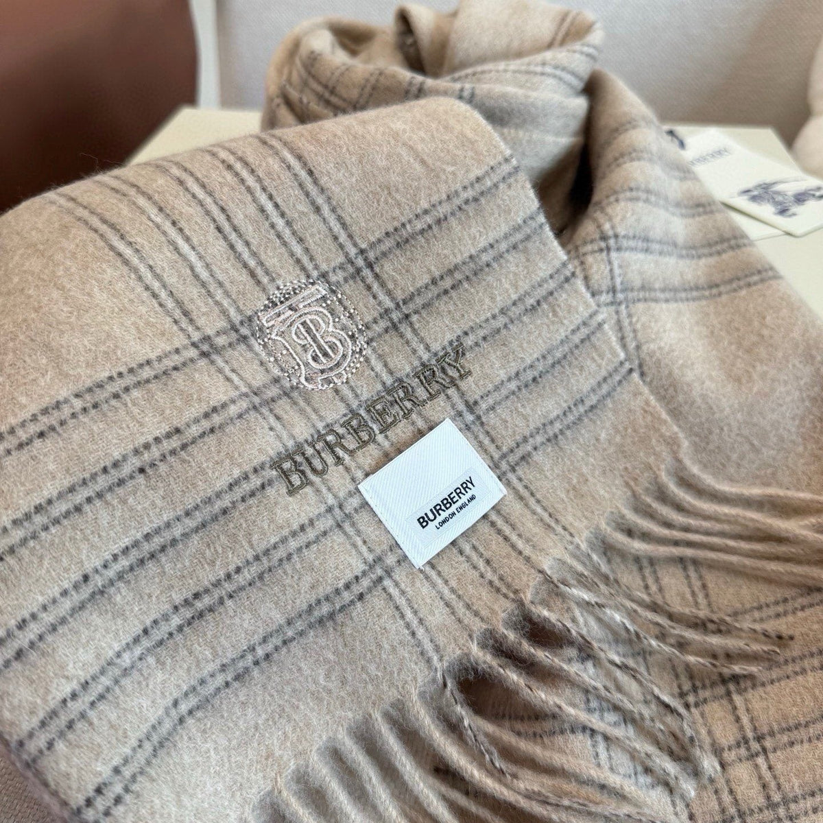 Burberry Light Blue Plaid Fringed Scarf
