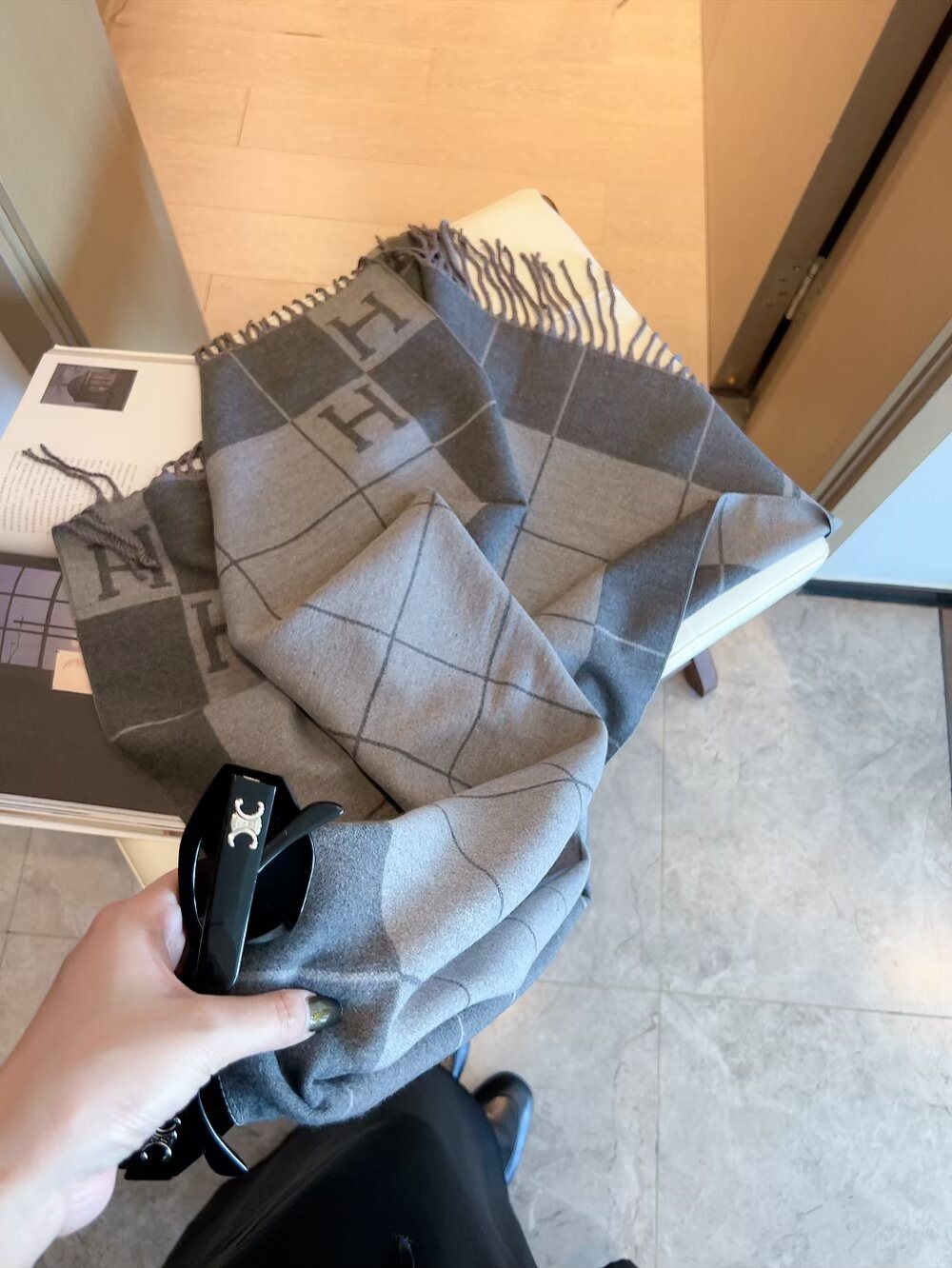 Hermès Fringed Grid Motif Scarf