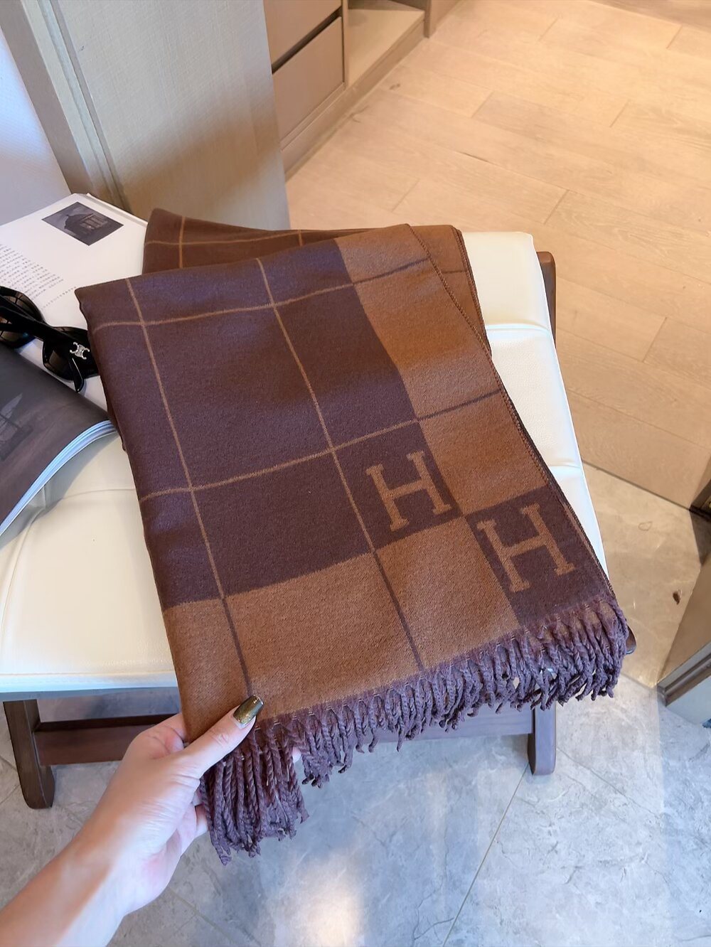 Hermès Fringed Grid Motif Scarf