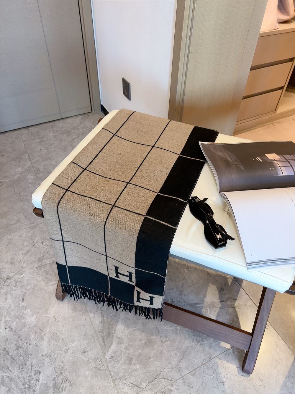 Hermès Fringed Grid Motif Scarf