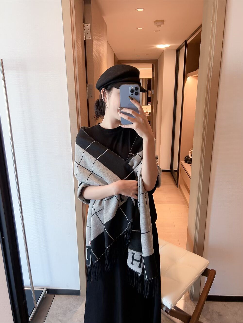 Hermès Fringed Grid Motif Scarf