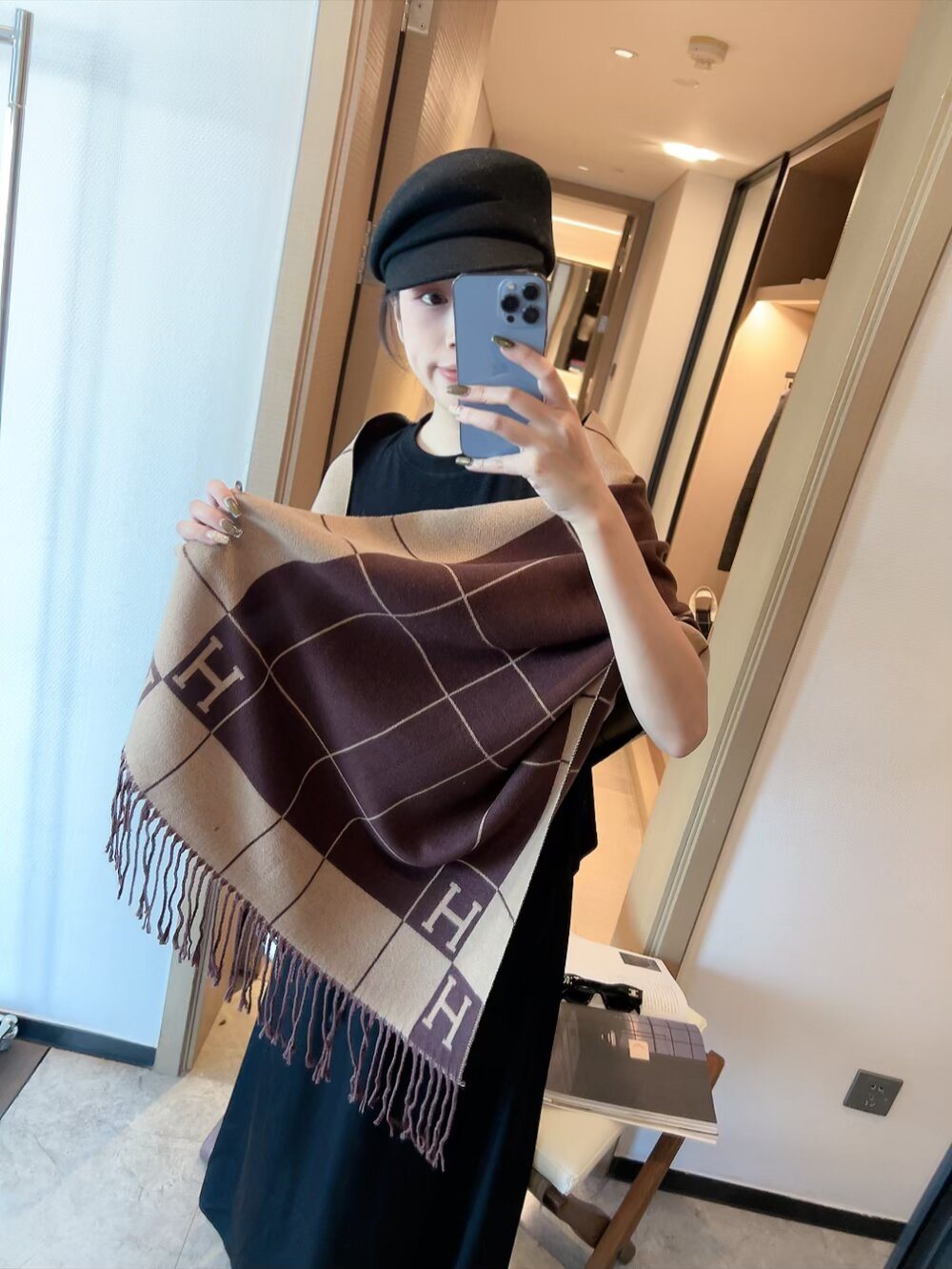 Hermès Fringed Grid Motif Scarf