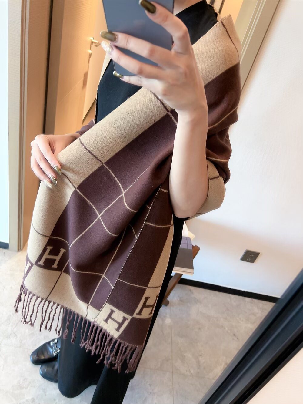 Hermès Fringed Grid Motif Scarf
