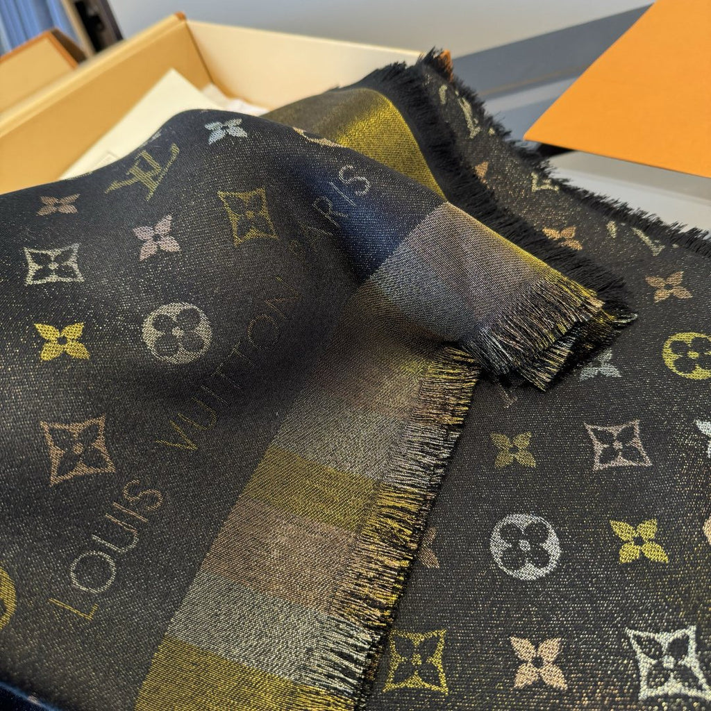 Louis Vuitton Charcoal Gold Monogram Fringed Shawl