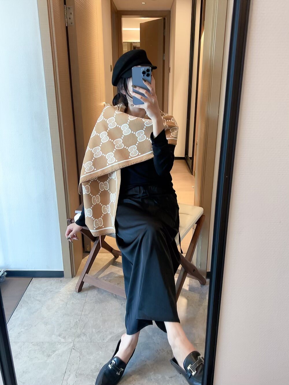 Gucci Woven Geometric Motif Fringe Scarf