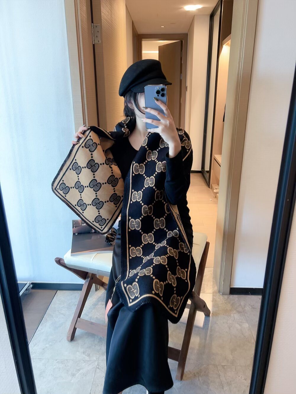 Gucci Woven Geometric Motif Fringe Scarf