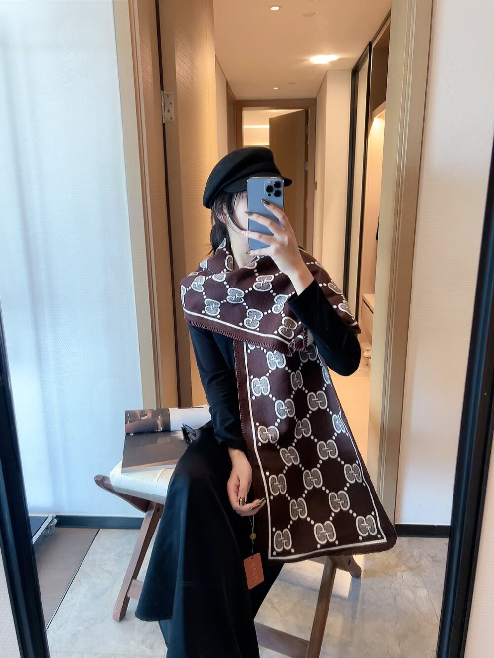 Gucci Woven Geometric Motif Fringe Scarf