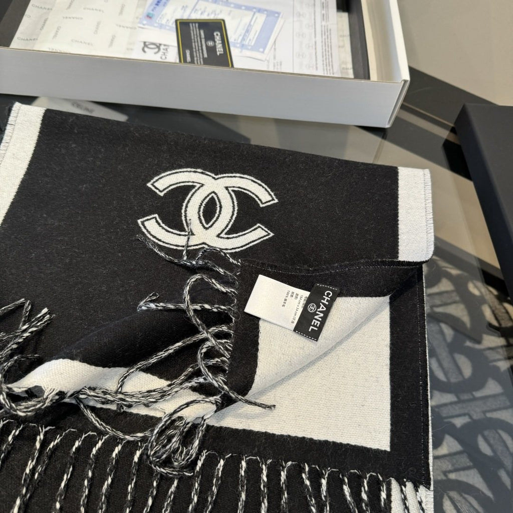 Chanel Contrast-Border Two-Tone Fringed Scarf